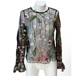Vera & Lucy black floral sheer long sleeve blouse L